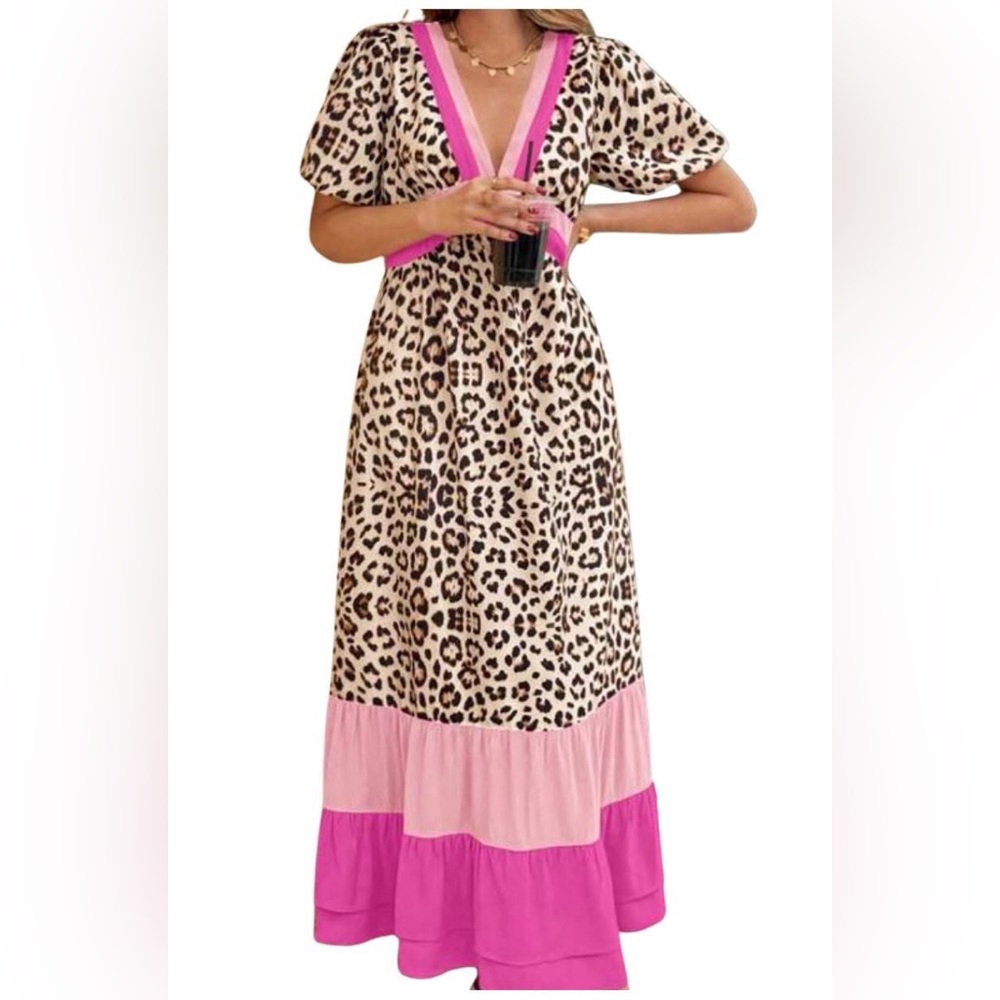 Leopard Print Maxi Dress with Pink Accents
